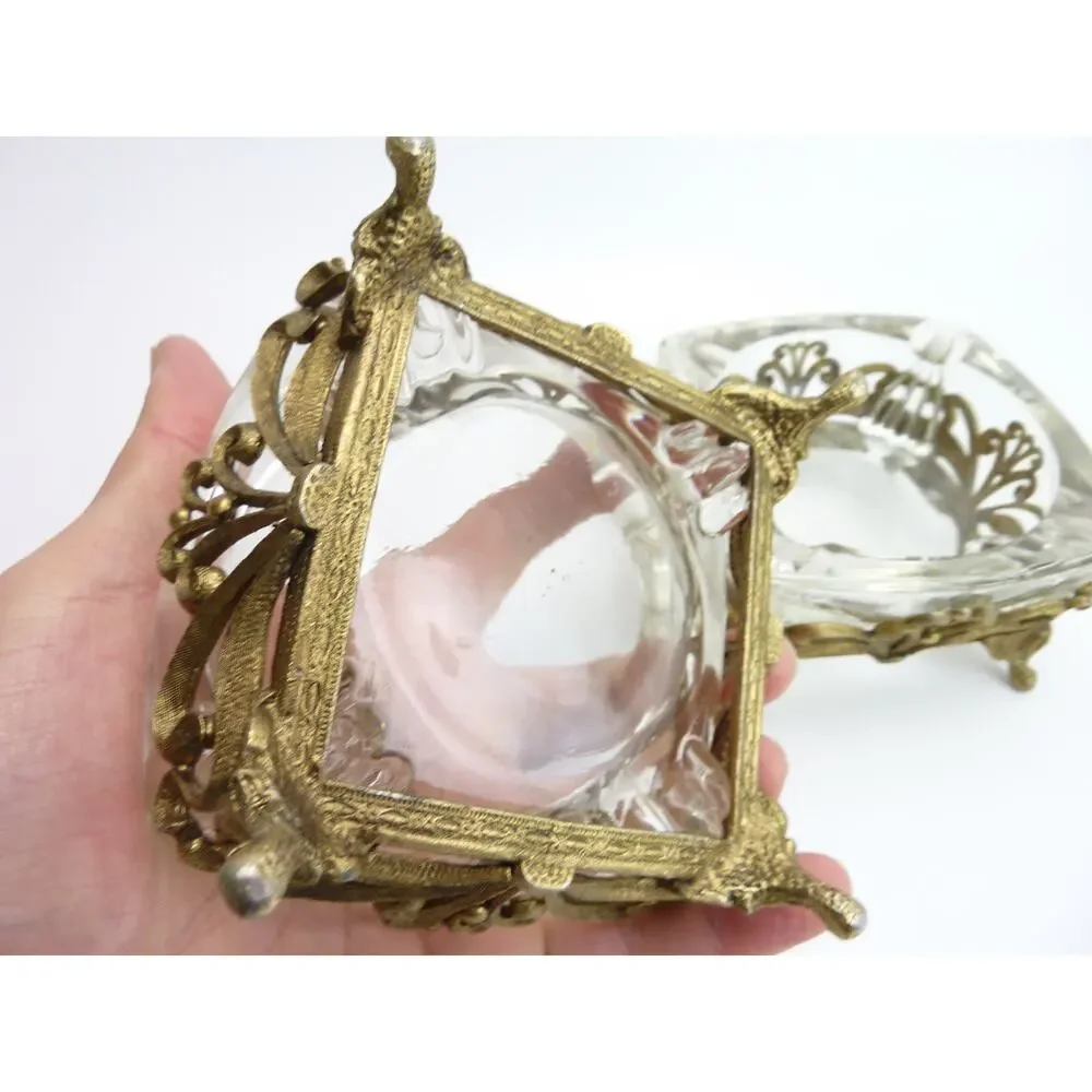 Vintage Hollywood Regency Glass Ashtrays Gold Filigree Jewelry Trinket Dishes